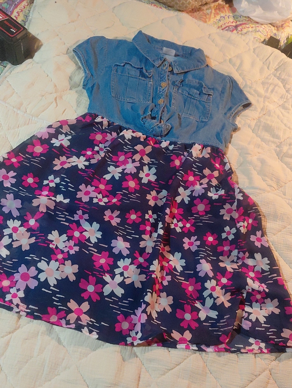 wonder nation Blue Denim-Style Top with Navy Pink Floral Skirt Dress